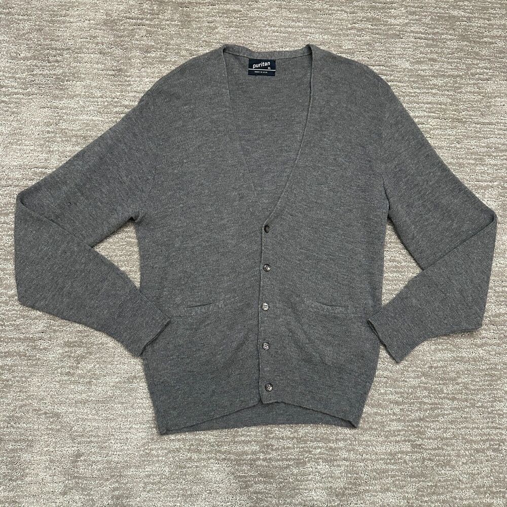 VTG Puritan Cardigan Mens XL Gray Grandpa Preppy Pockets Orlon Acrylic USA